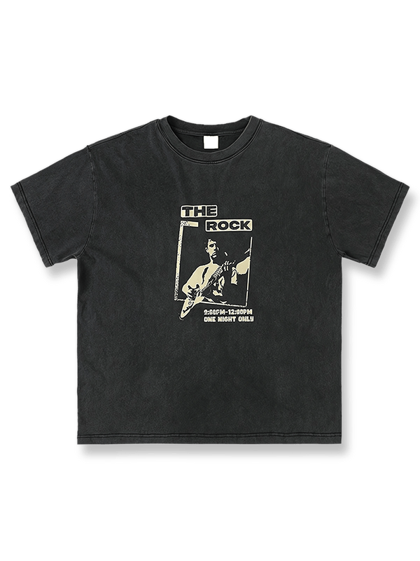 サンドウォッシュ加工のヴィンテージロックプリントクルーネック半袖Tシャツ正面展示