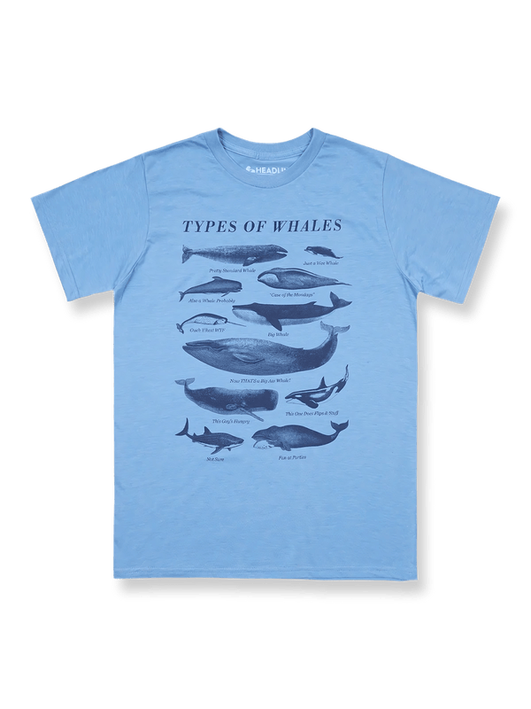 製品画像: TYPES OF WHALES クジラの種類を描いたプリントTシャツ