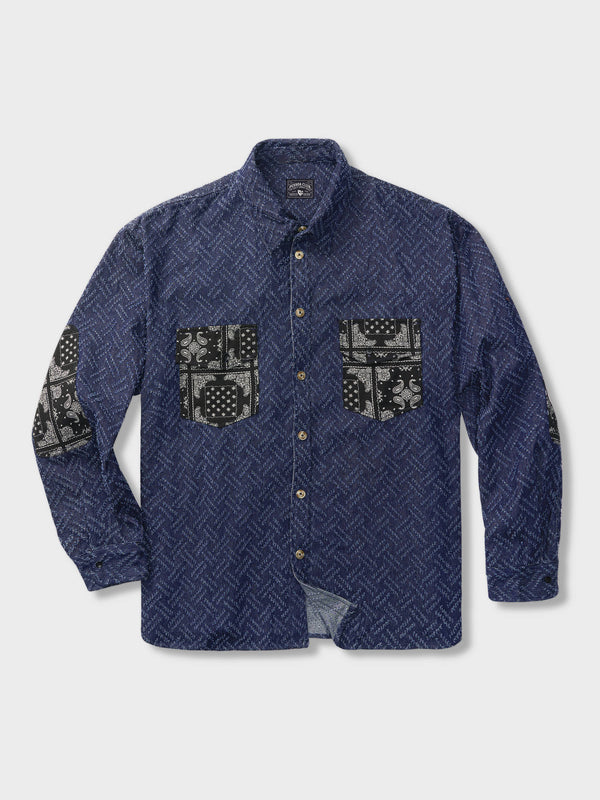 Patchwork denim shirt with floral pocket